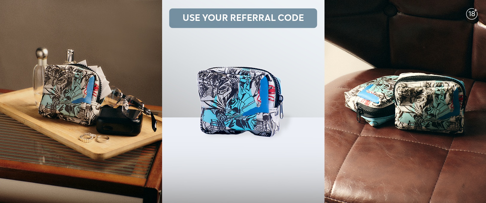 The Referral Exclusive IQOS x ISABEL SANTOS Essentials Mini Carryall featuring Isabel’s original artwork printed on the pouch.